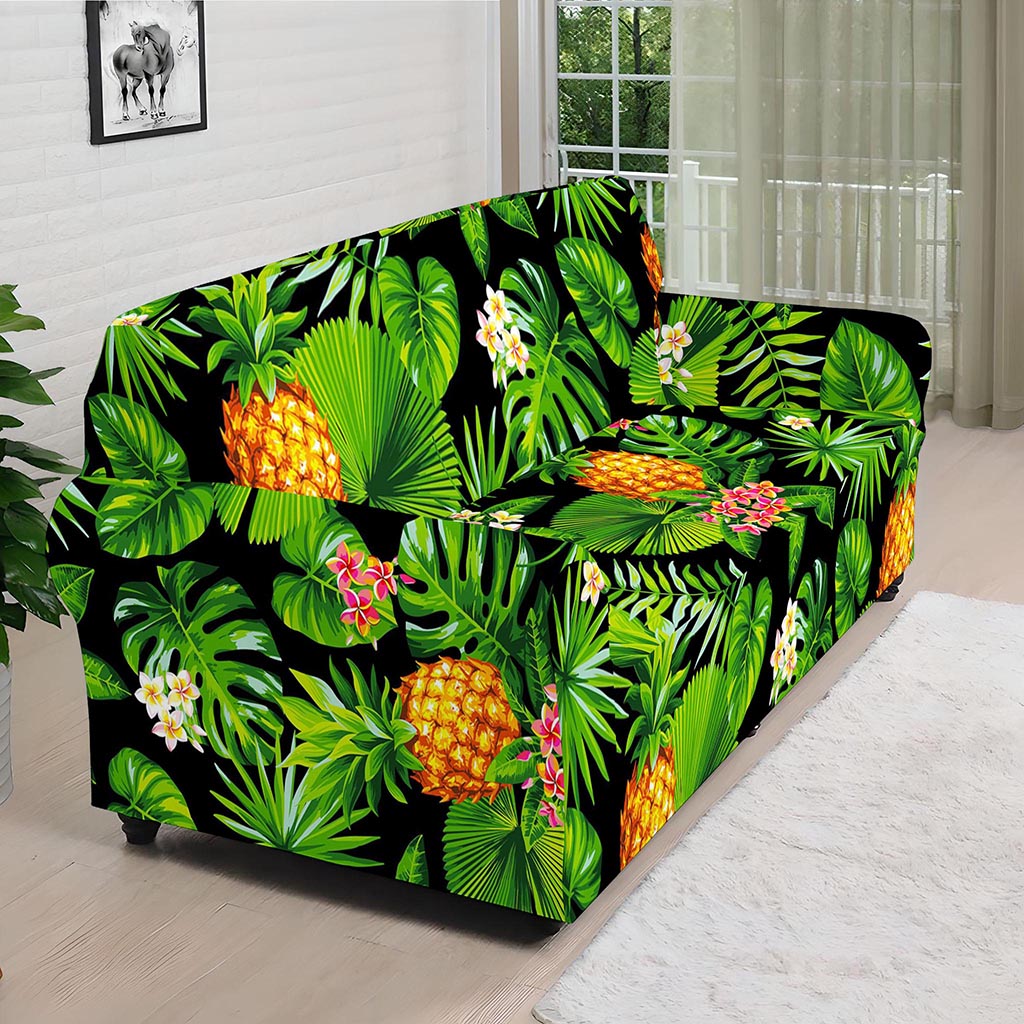 Black Hawaiian Pineapple Pattern Print Sofa Cover