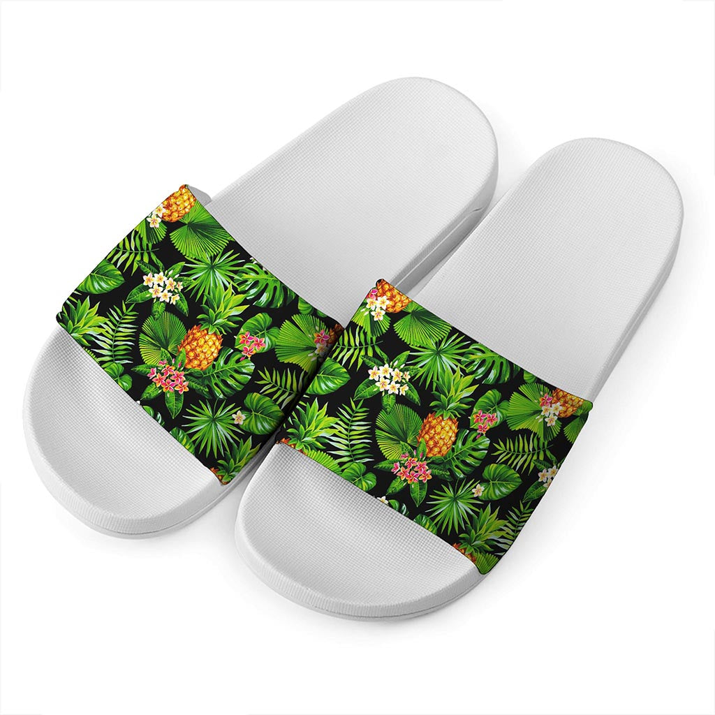 Black Hawaiian Pineapple Pattern Print White Slide Sandals