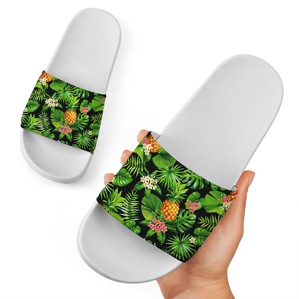 Black Hawaiian Pineapple Pattern Print White Slide Sandals