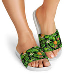 Black Hawaiian Pineapple Pattern Print White Slide Sandals