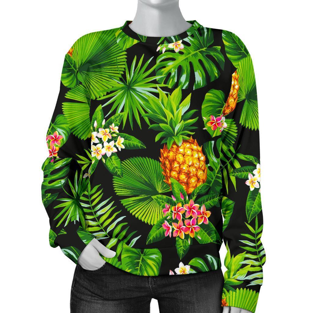 Black Hawaiian Pineapple Pattern Print Women's Crewneck Sweatshirt GearFrost