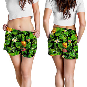 Black Hawaiian Pineapple Pattern Print Women's Shorts