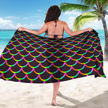Black Mermaid Scales Pattern Print Beach Sarong Wrap