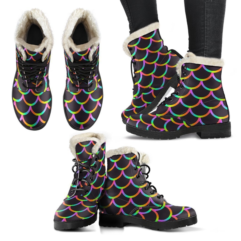 Black Mermaid Scales Pattern Print Comfy Boots GearFrost