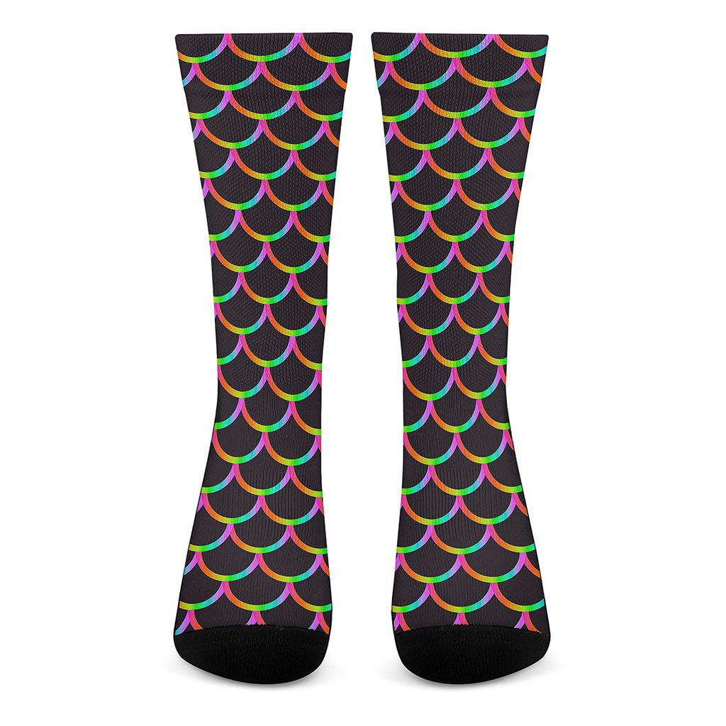 Black Mermaid Scales Pattern Print Crew Socks