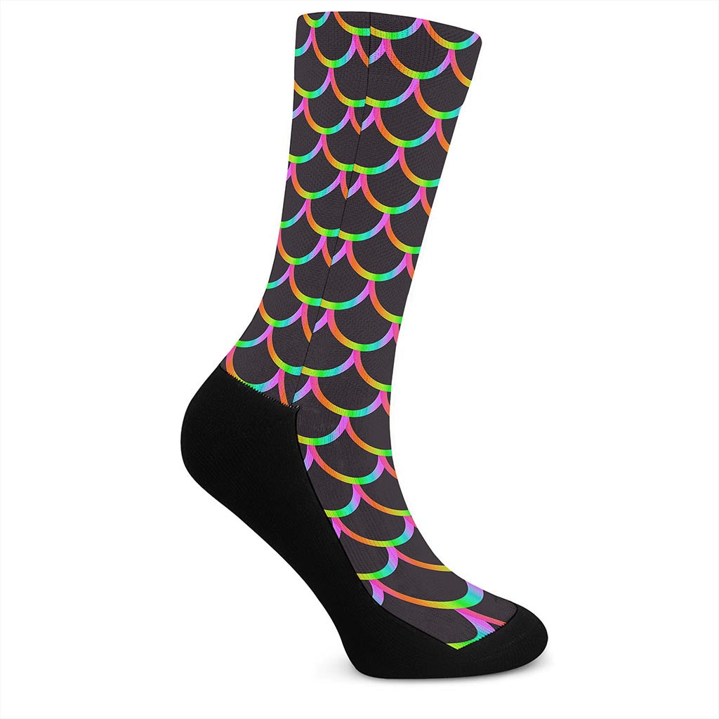 Black Mermaid Scales Pattern Print Crew Socks