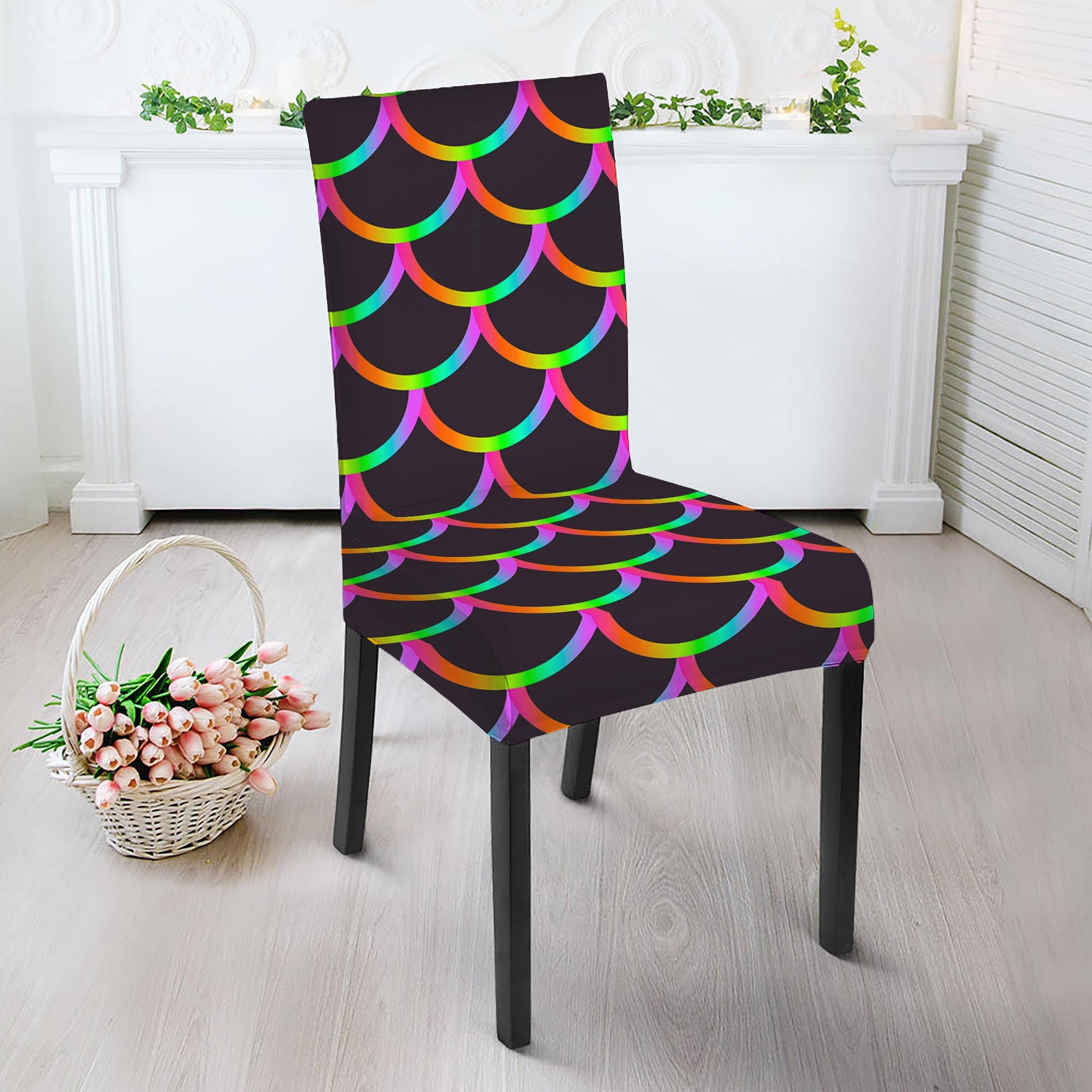 Black Mermaid Scales Pattern Print Dining Chair Slipcover