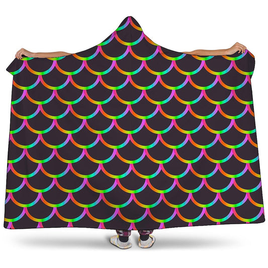 Black Mermaid Scales Pattern Print Hooded Blanket