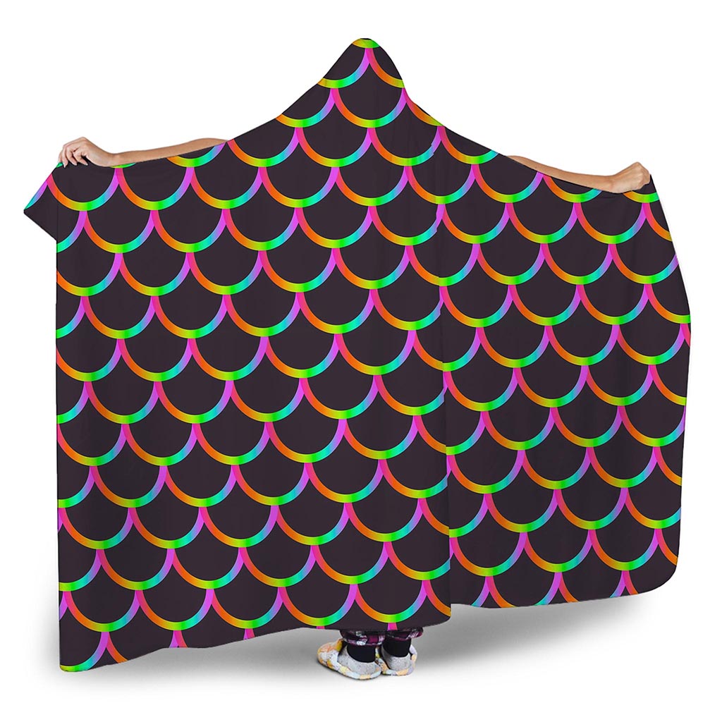 Black Mermaid Scales Pattern Print Hooded Blanket