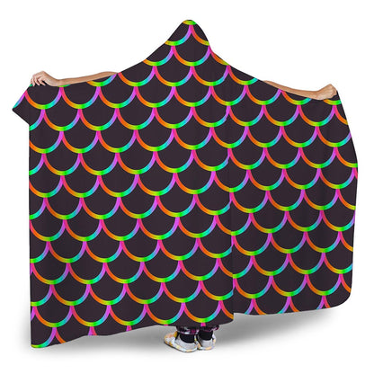 Black Mermaid Scales Pattern Print Hooded Blanket