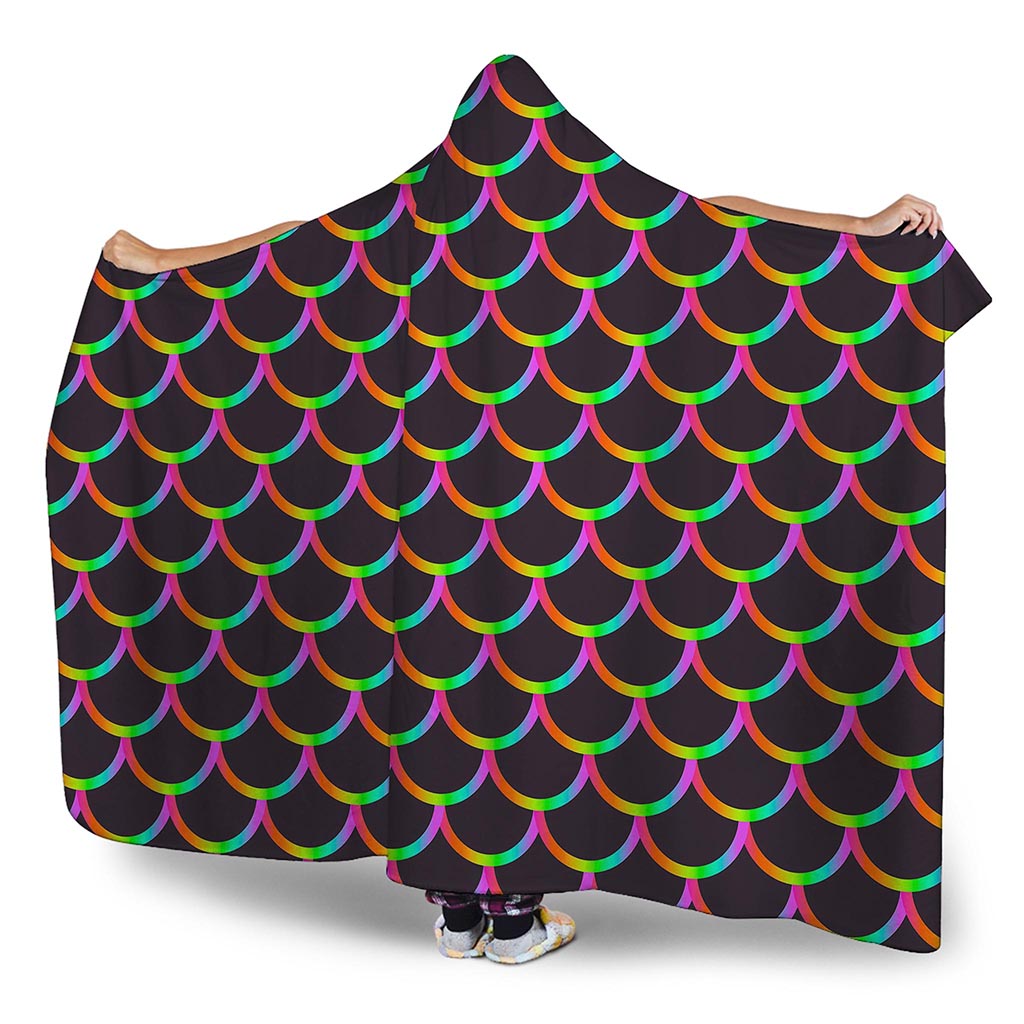 Black Mermaid Scales Pattern Print Hooded Blanket
