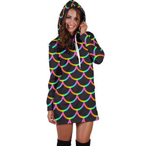 Black Mermaid Scales Pattern Print Hoodie Dress GearFrost