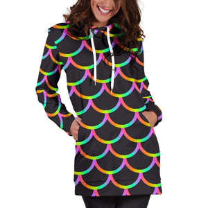 Black Mermaid Scales Pattern Print Hoodie Dress GearFrost