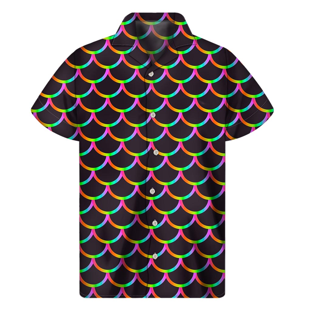 Black Mermaid Scales Pattern Print Men's Short Sleeve Shirt