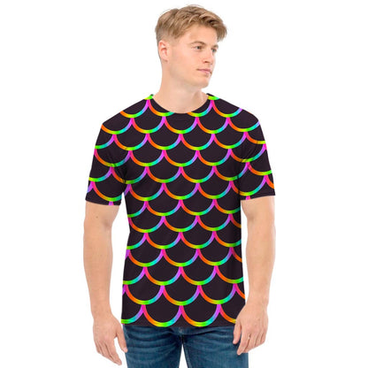 Black Mermaid Scales Pattern Print Men's T-Shirt