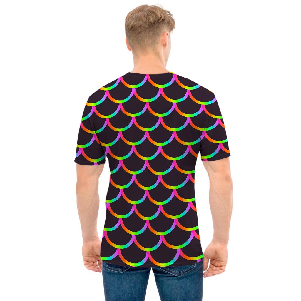 Black Mermaid Scales Pattern Print Men's T-Shirt