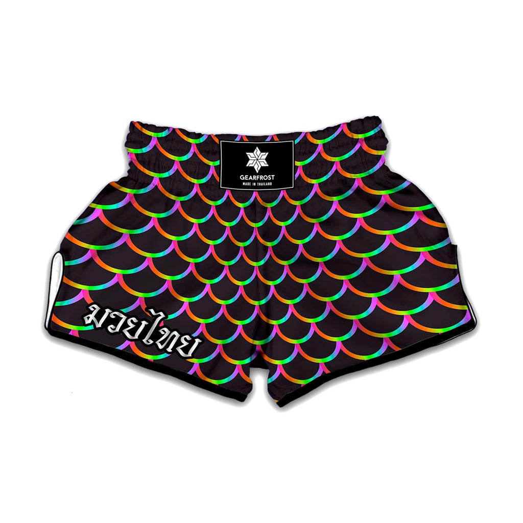 Black Mermaid Scales Pattern Print Muay Thai Boxing Shorts