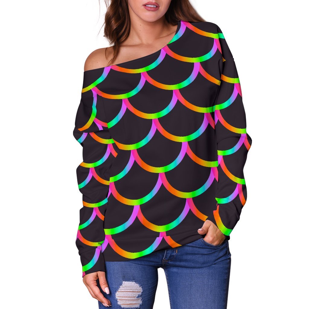 Black Mermaid Scales Pattern Print Off Shoulder Sweatshirt GearFrost