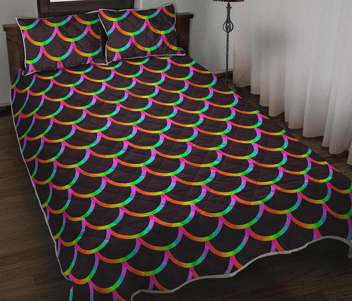 Black Mermaid Scales Pattern Print Quilt Bed Set