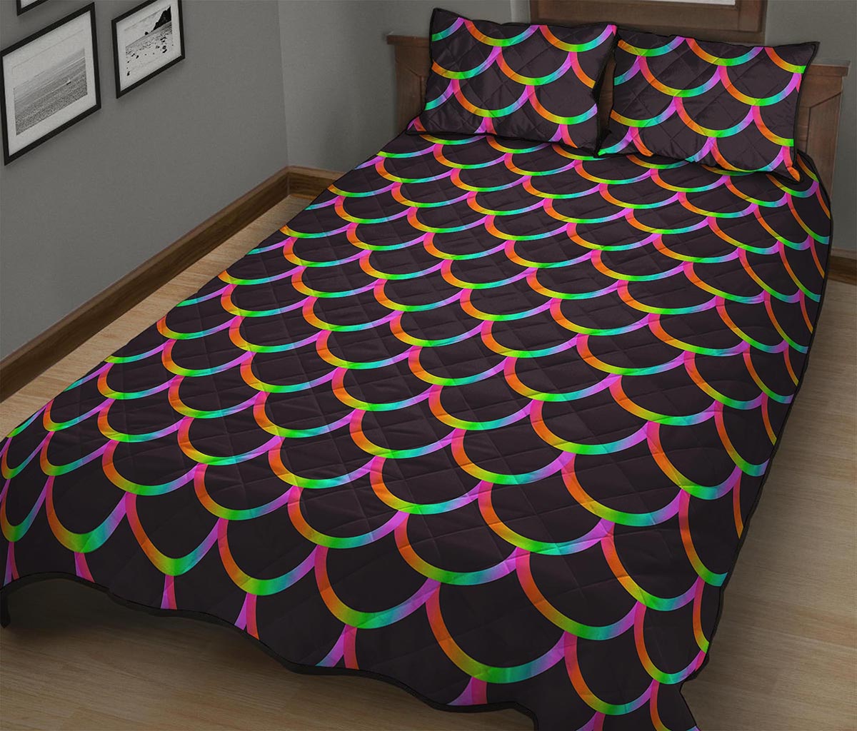 Black Mermaid Scales Pattern Print Quilt Bed Set