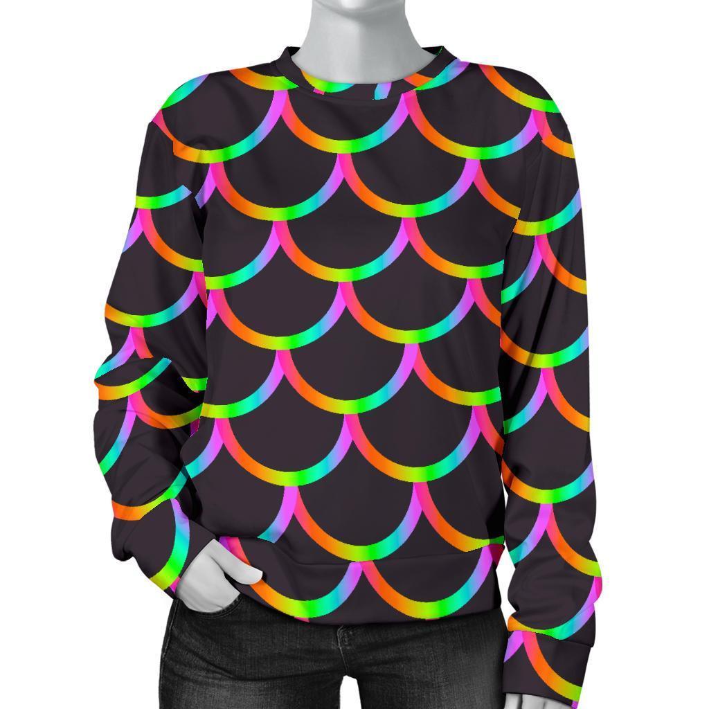 Black Mermaid Scales Pattern Print Women's Crewneck Sweatshirt GearFrost