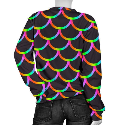 Black Mermaid Scales Pattern Print Women's Crewneck Sweatshirt GearFrost