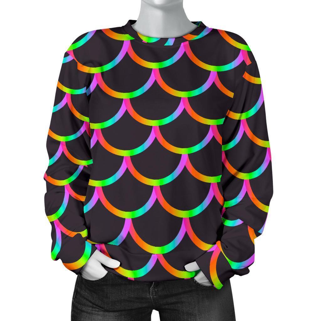 Black Mermaid Scales Pattern Print Women's Crewneck Sweatshirt GearFrost