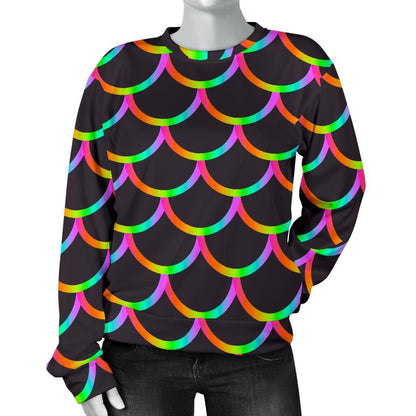Black Mermaid Scales Pattern Print Women's Crewneck Sweatshirt GearFrost