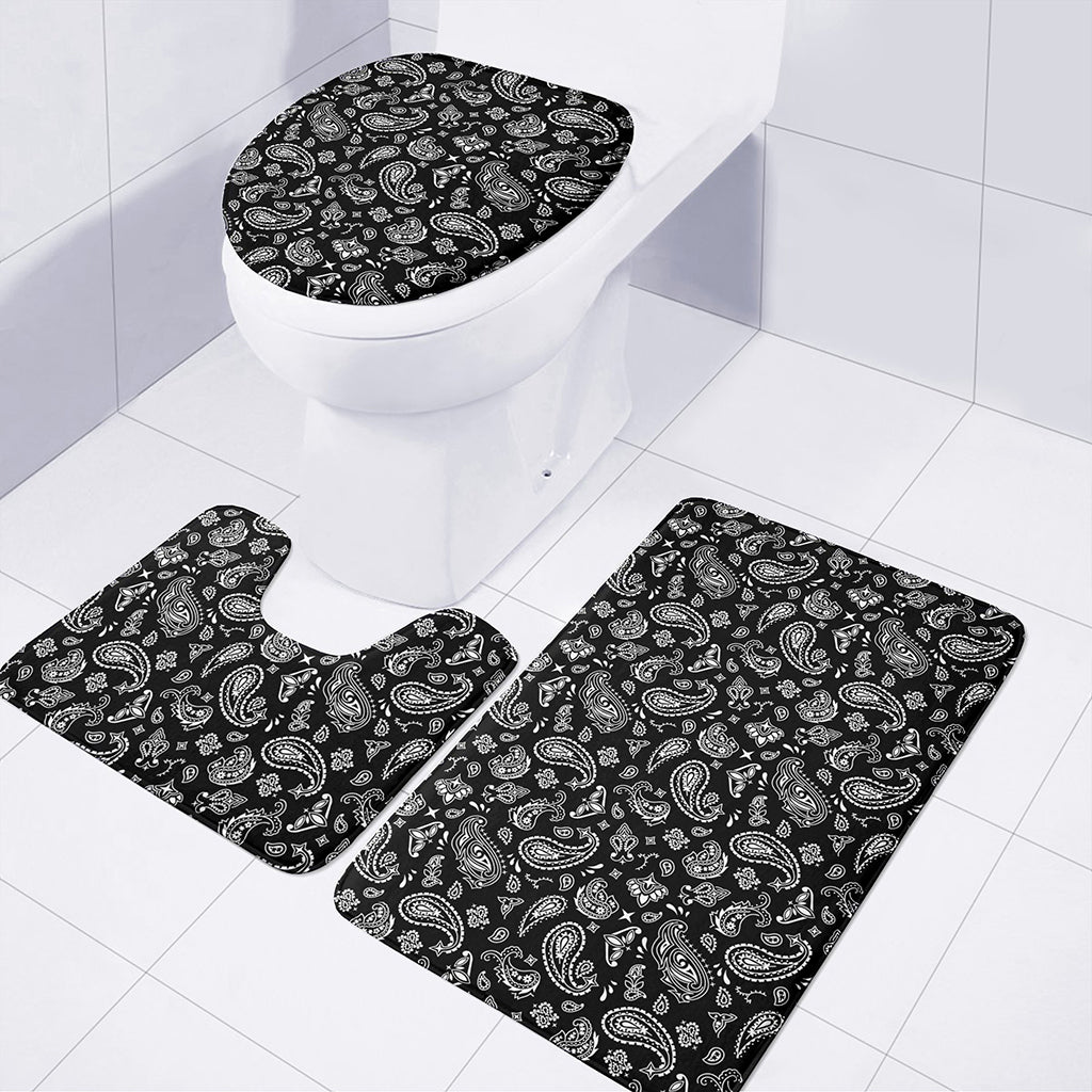 Black Paisley Bandana Pattern Print 3 Piece Bath Mat Set
