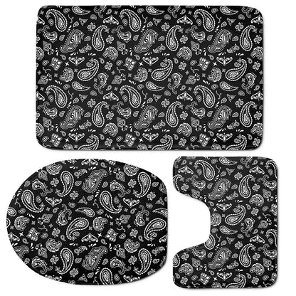 Black Paisley Bandana Pattern Print 3 Piece Bath Mat Set