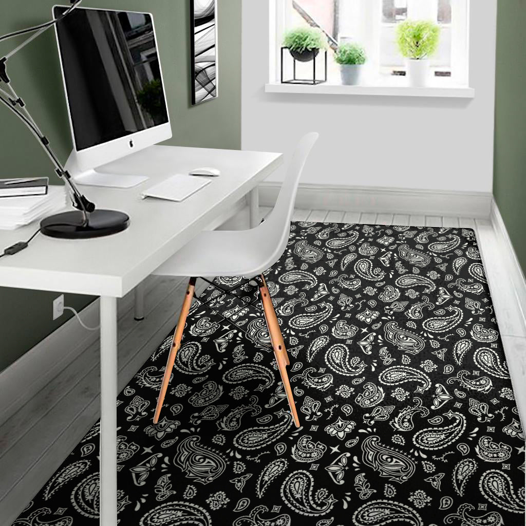 Black Paisley Bandana Pattern Print Area Rug