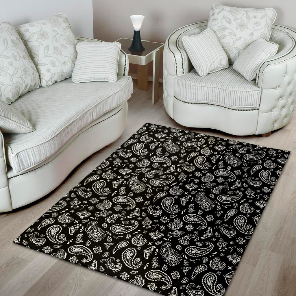 Black Paisley Bandana Pattern Print Area Rug