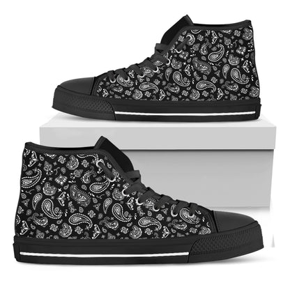 Black Paisley Bandana Pattern Print Black High Top Shoes