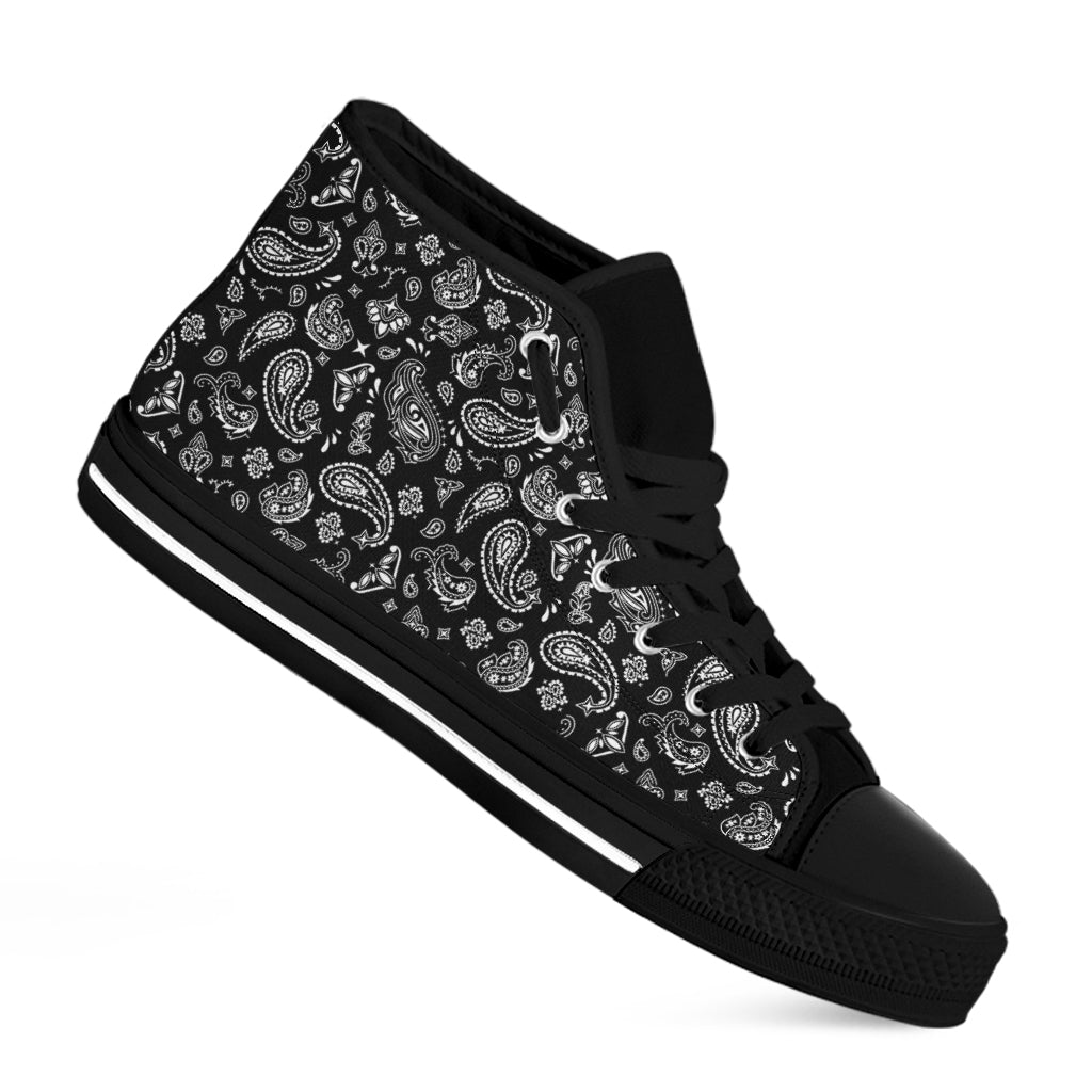 Black Paisley Bandana Pattern Print Black High Top Shoes