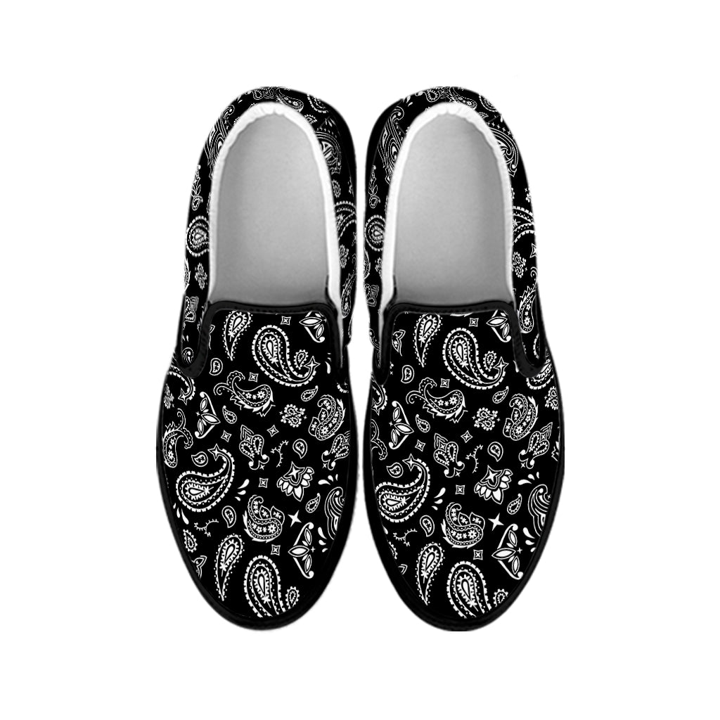 Black Paisley Bandana Pattern Print Black Slip On Shoes