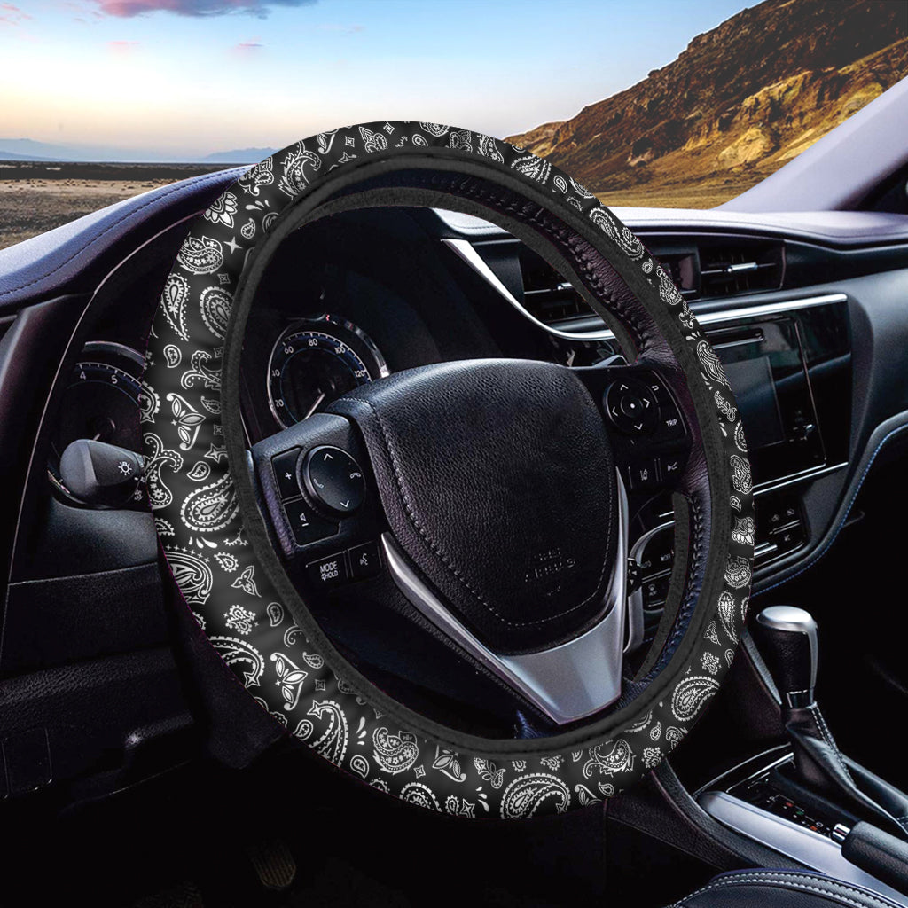 Black Paisley Bandana Pattern Print Car Steering Wheel Cover