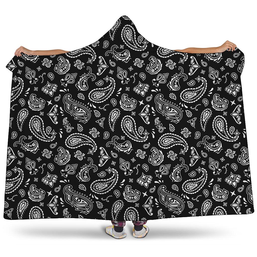 Black Paisley Bandana Pattern Print Hooded Blanket