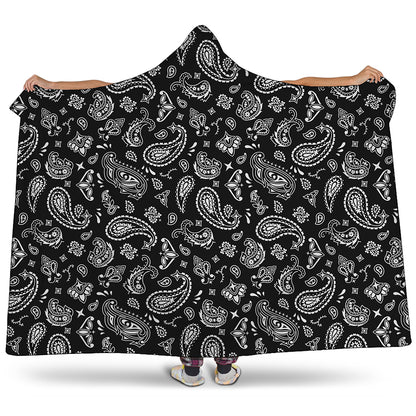 Black Paisley Bandana Pattern Print Hooded Blanket