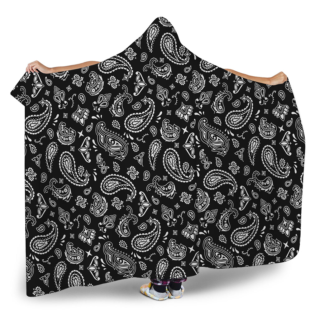 Black Paisley Bandana Pattern Print Hooded Blanket
