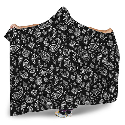 Black Paisley Bandana Pattern Print Hooded Blanket