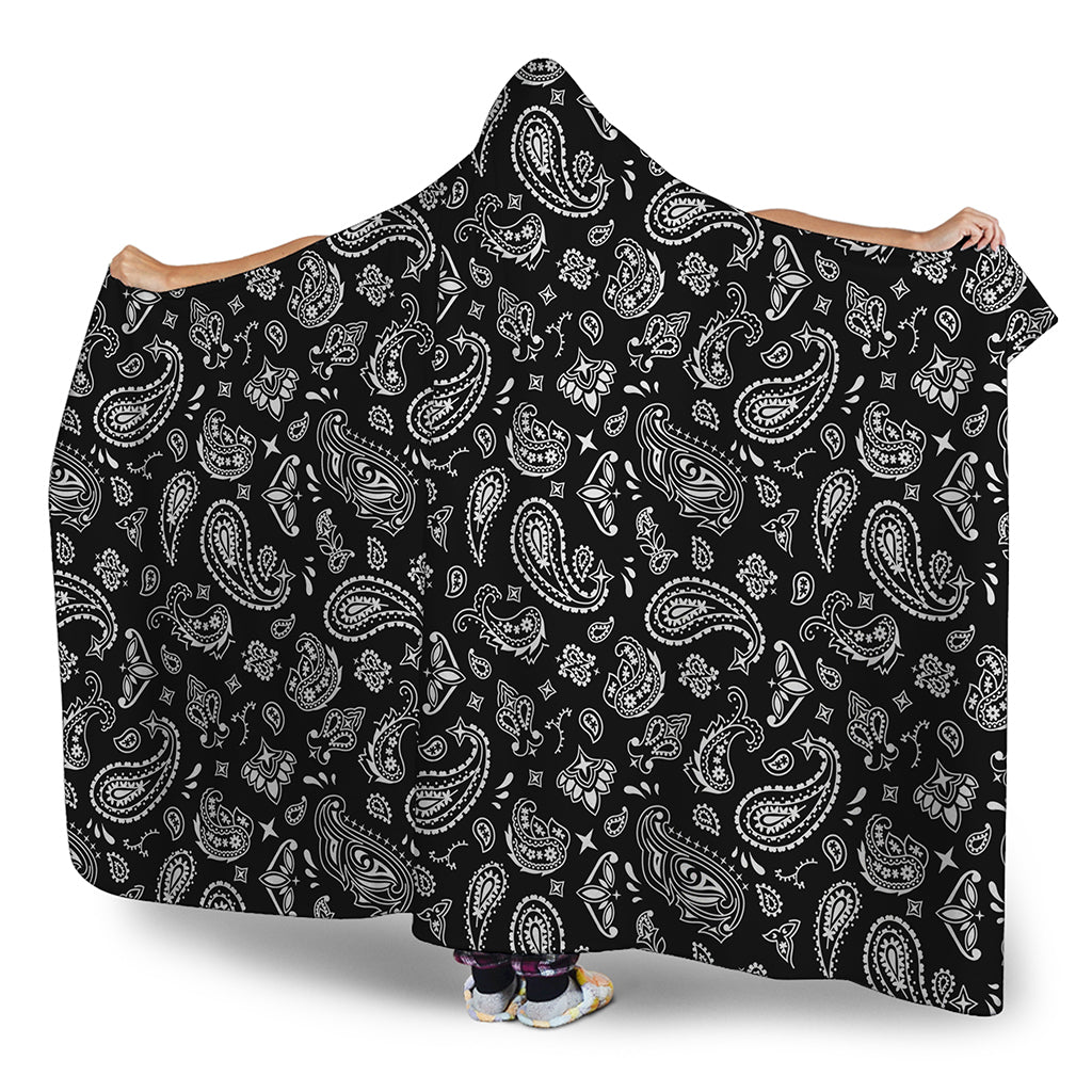 Black Paisley Bandana Pattern Print Hooded Blanket