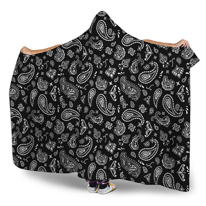 Black Paisley Bandana Pattern Print Hooded Blanket