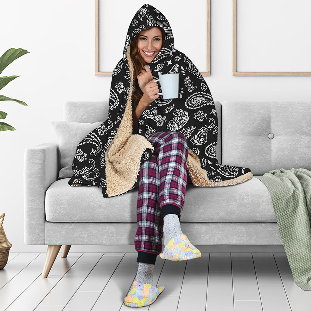 Black Paisley Bandana Pattern Print Hooded Blanket