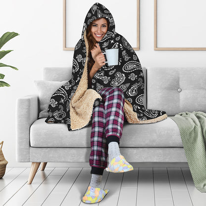 Black Paisley Bandana Pattern Print Hooded Blanket