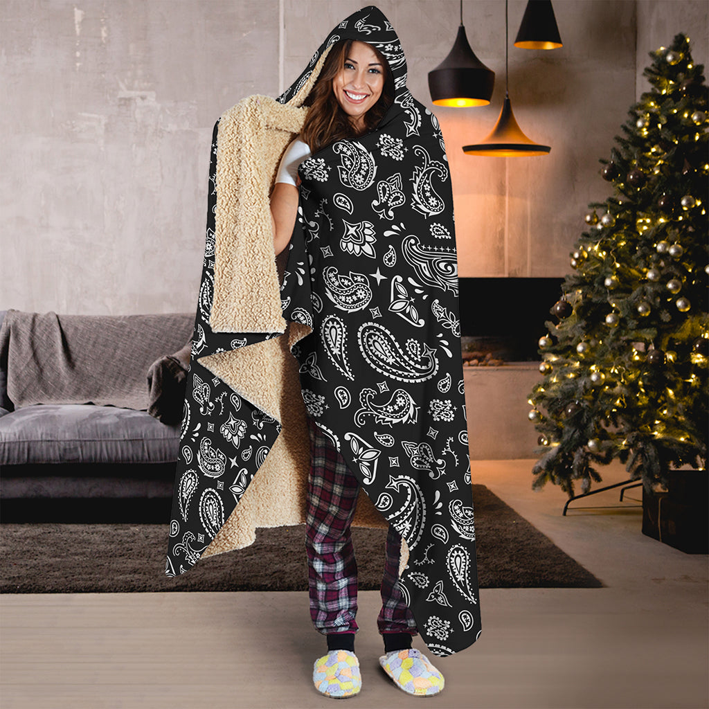 Black Paisley Bandana Pattern Print Hooded Blanket