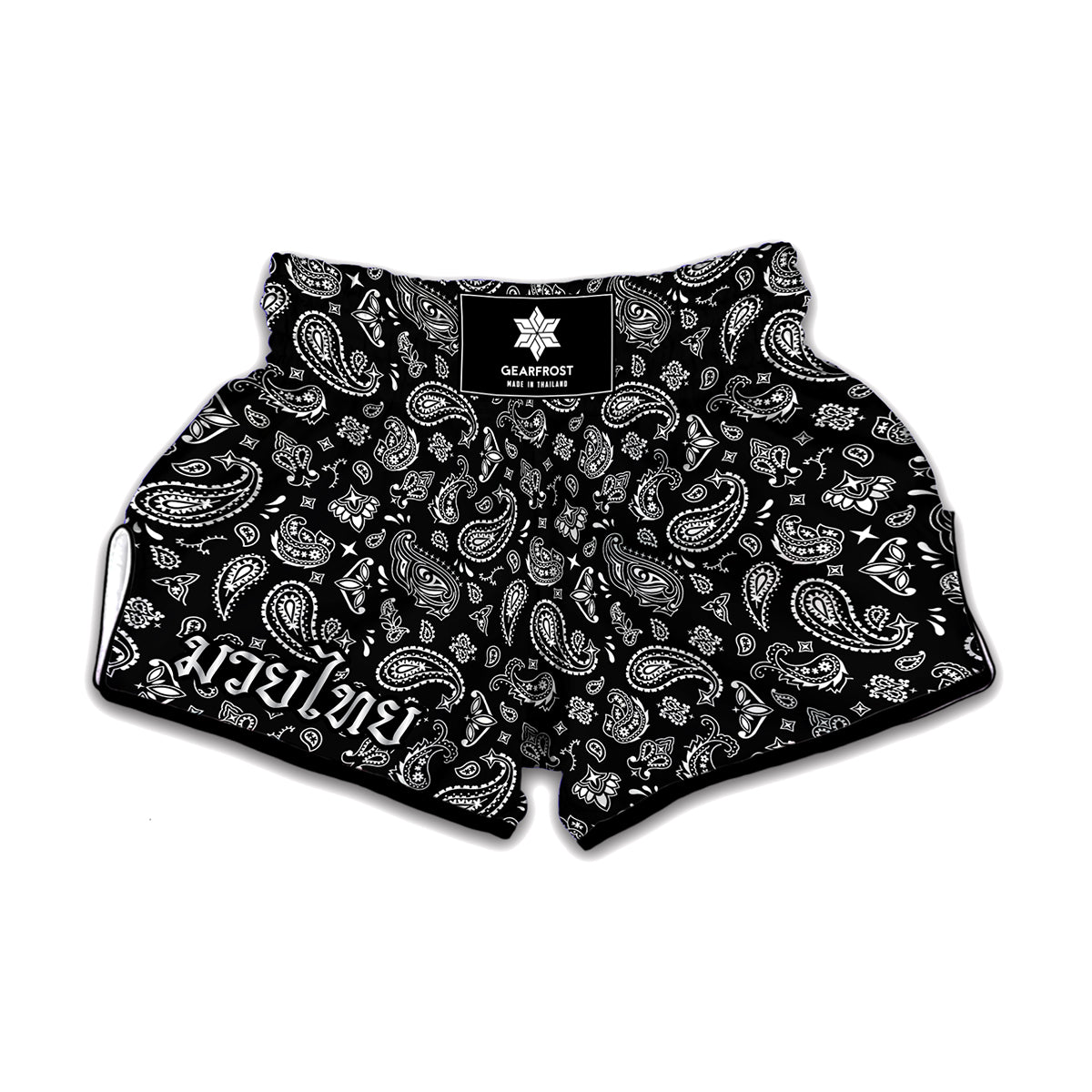Black Paisley Bandana Pattern Print Muay Thai Boxing Shorts