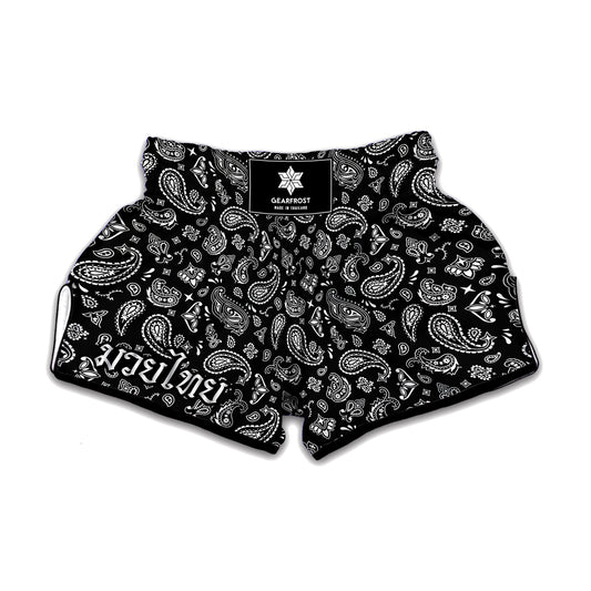Black Paisley Bandana Pattern Print Muay Thai Boxing Shorts