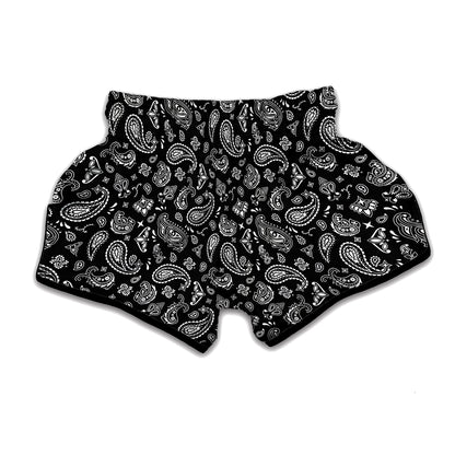 Black Paisley Bandana Pattern Print Muay Thai Boxing Shorts