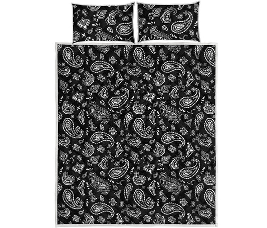 Black Paisley Bandana Pattern Print Quilt Bed Set