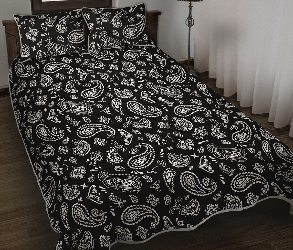 Black Paisley Bandana Pattern Print Quilt Bed Set